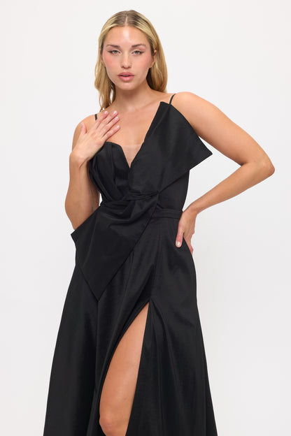 Asymmetrical oversized bow stretch taffeta slit gown