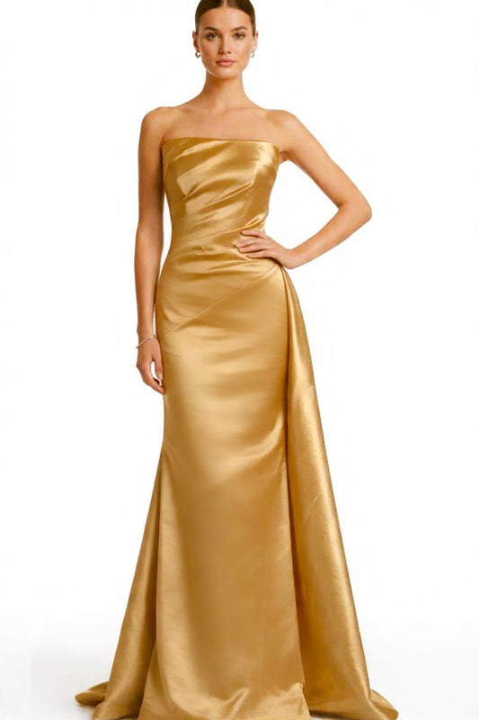 Strapless taffeta asymmetrical back detail gown