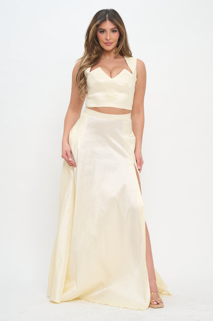 Taffeta crop top and high waisted slit maxi skirt set