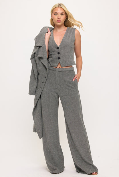 Chevron print crop vest top jacket and pants three piece set