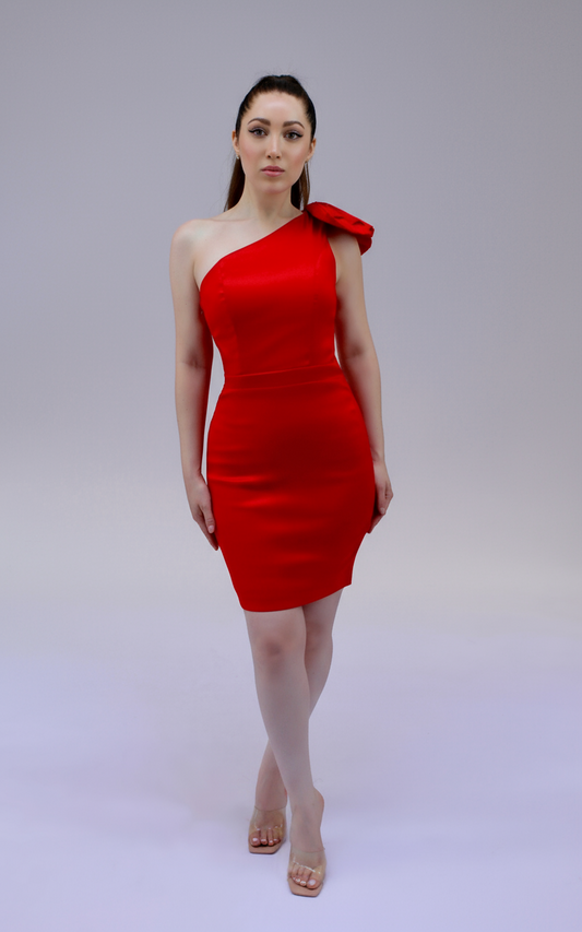 One shoulder bow taffeta mini dress