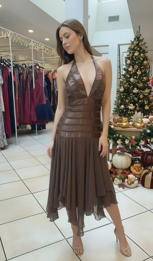 Silk striped ruffle trim drop waist halter neck midi dress