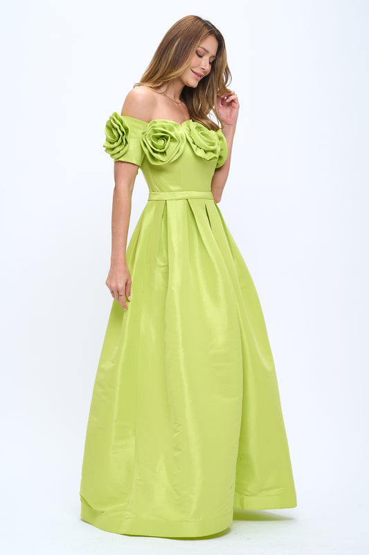 Rose bloom off shoulder taffeta gown