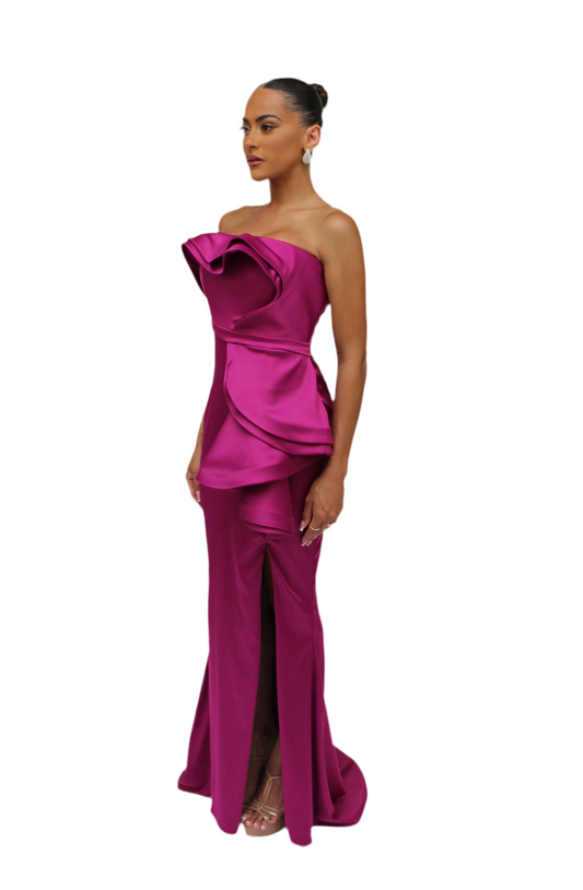Strapless cascading drape gown