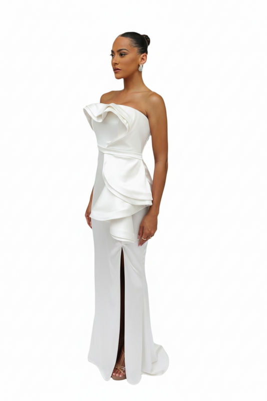 Strapless cascading drape gown