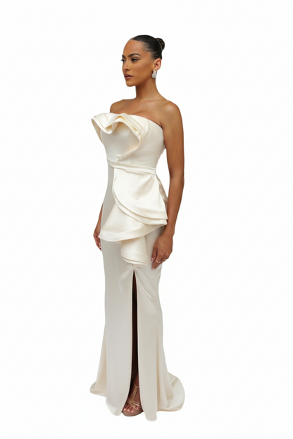 Strapless cascading drape gown