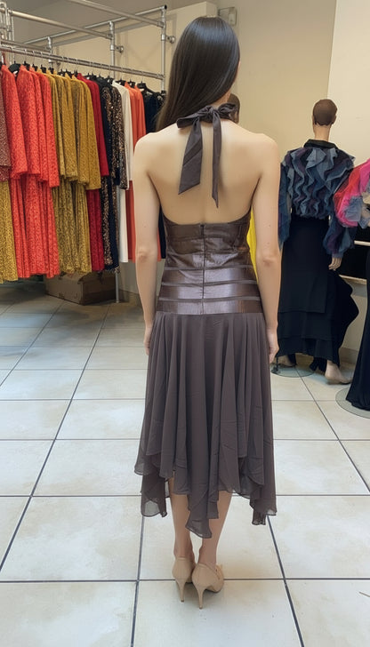 Silk striped ruffle trim drop waist halter neck midi dress