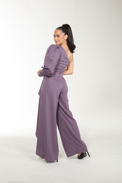 One sided shoulder cascading jumpsuit