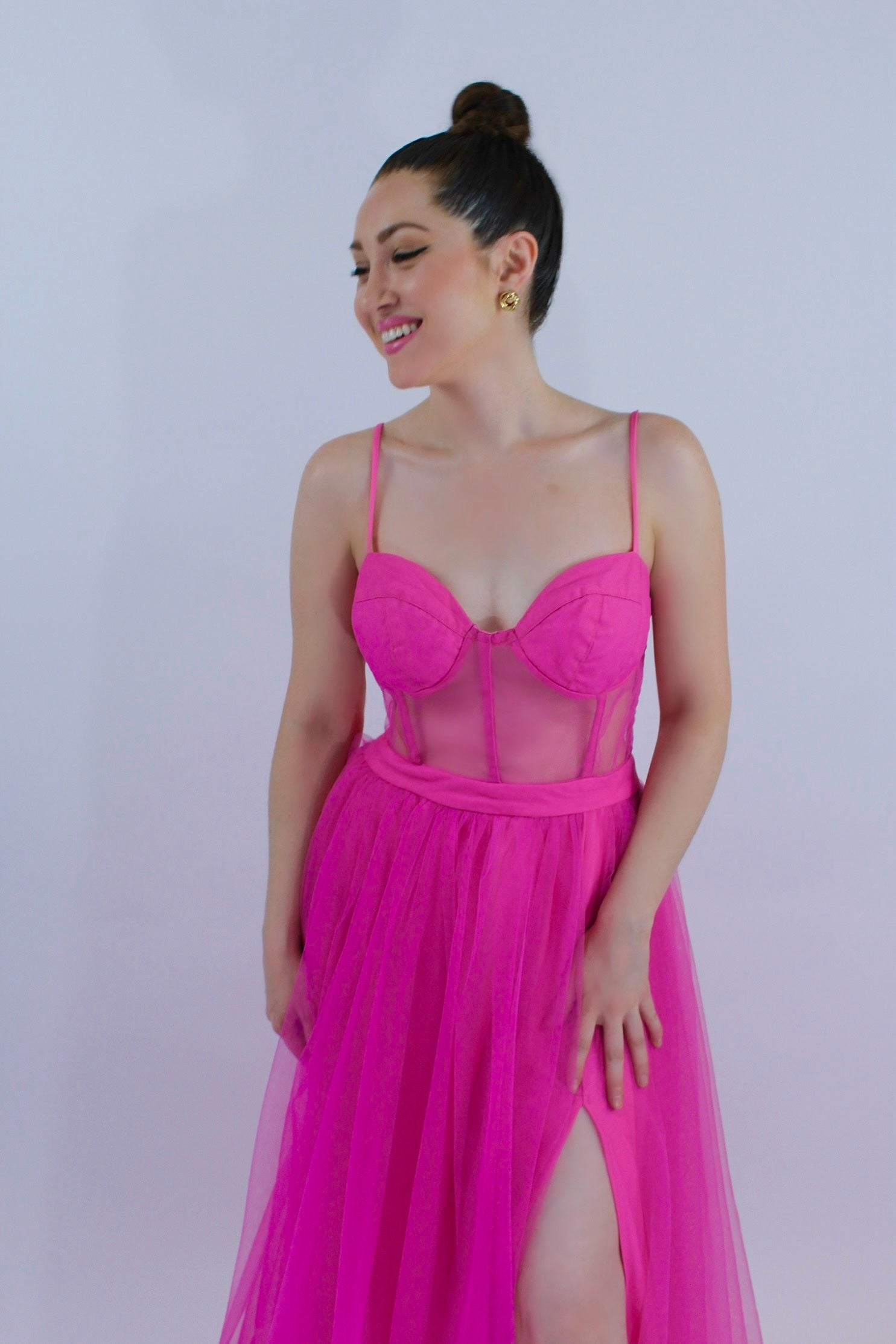 Corset Adjustable Strap High Slit Tulle Dress Black / Large Corset Adjustable Strap High Slit Tulle Dress Black / Large