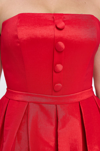 Button detail strapless taffeta mini dress