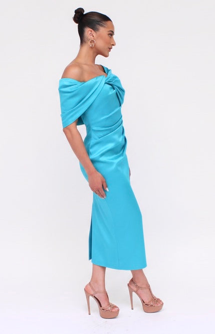 Taffeta twist tea length off shoulder gathered midi back slit dress