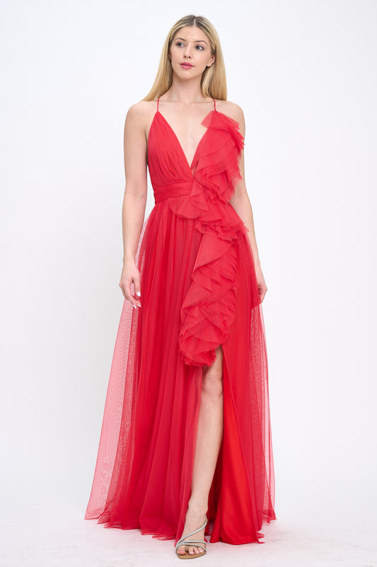 Spaghetti strap soft tulle ruffle front maxi dress