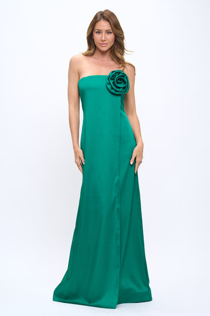 Rose wrap strapless stretchy satin maxi gown
