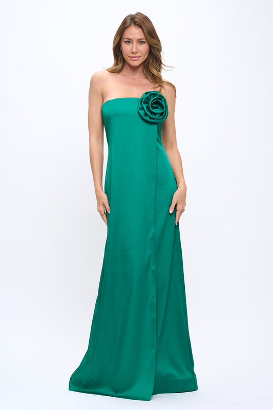 Rose wrap strapless stretchy satin maxi gown