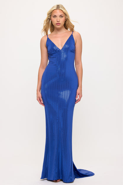 Metallic hourglass open knot back draping silhouette gown