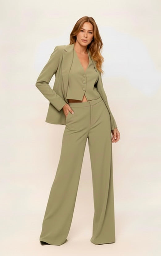 Textured crepe vest jacket and pants suit set