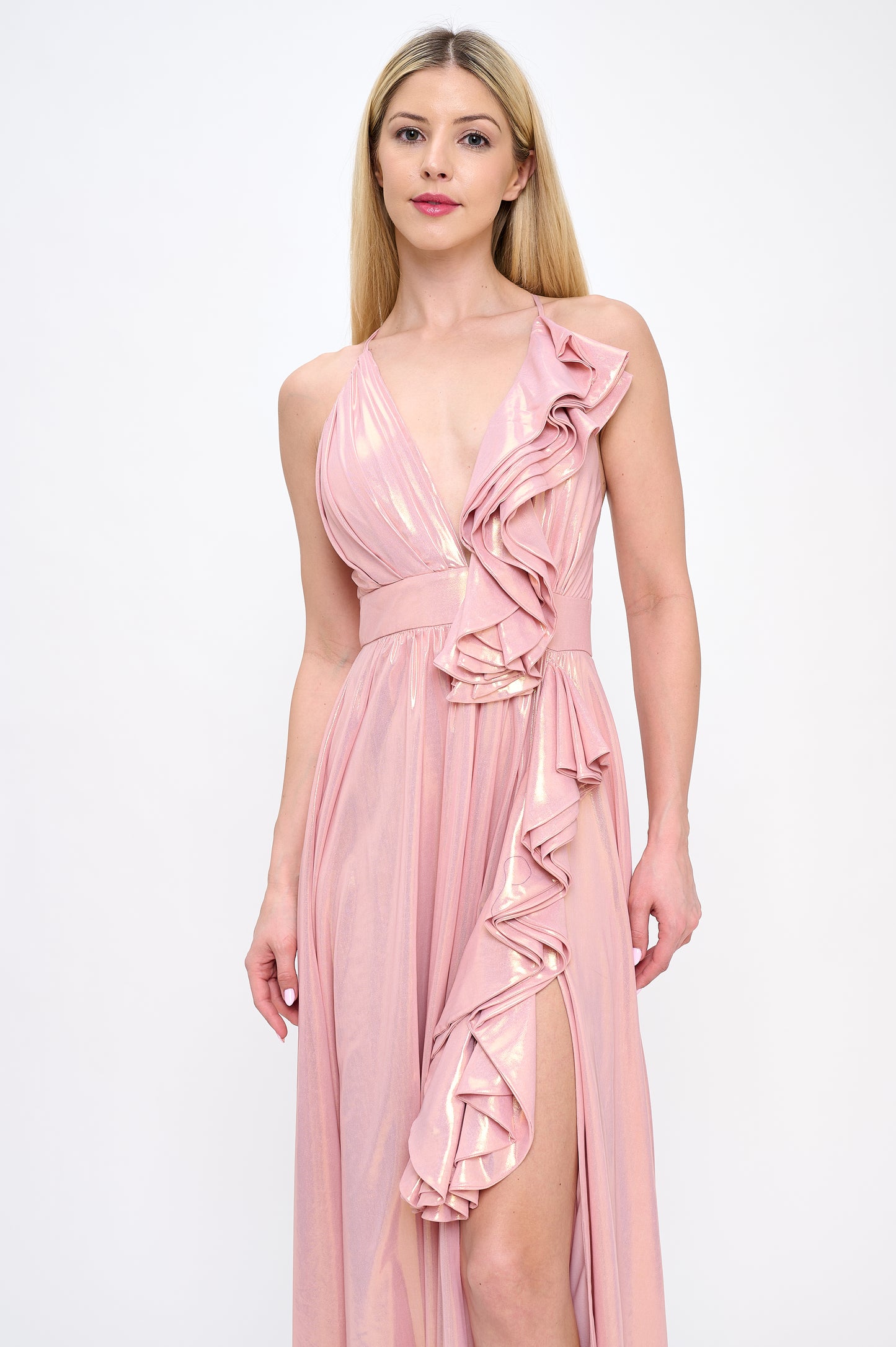 Irisistable iridescent ruffle slit maxi dress