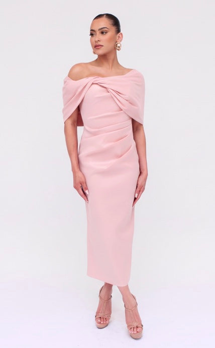 Taffeta twist tea length off shoulder gathered midi back slit dress