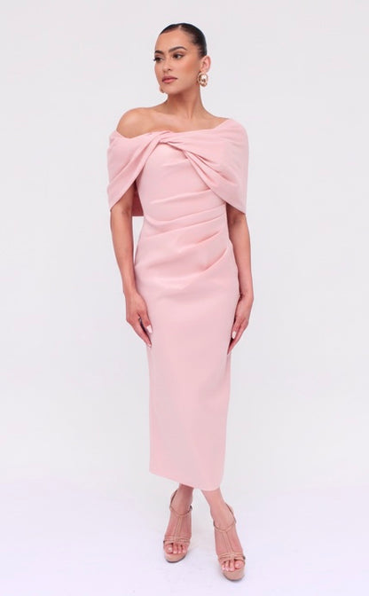 Taffeta twist tea length off shoulder gathered midi back slit dress