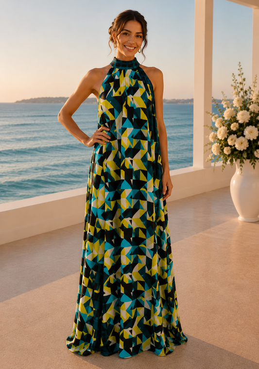 Chiffon print halter open back maxi dress