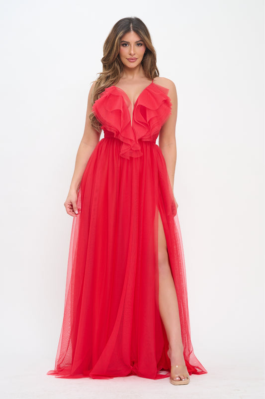 Heart shape soft ruffle tulle slit maxi dress