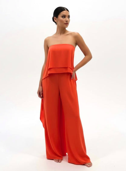 Strapless dobby high-low layered top and high waisted pants with pockets set