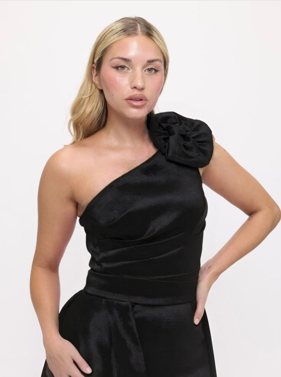 One shoulder flower bow detail taffeta gown with detachable belt train