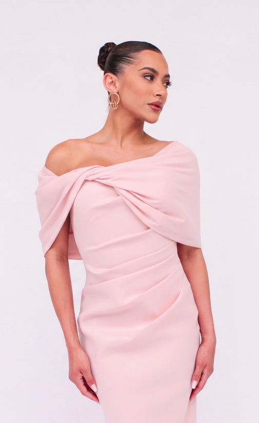 Taffeta twist tea length off shoulder gathered midi back slit dress