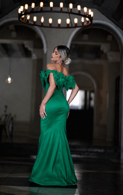 Jackie taffeta off shoulder bow detail mermaid gown