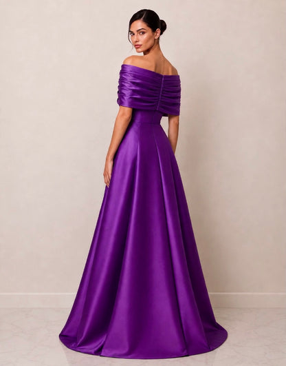 Off the shoulder taffeta slit ball gown