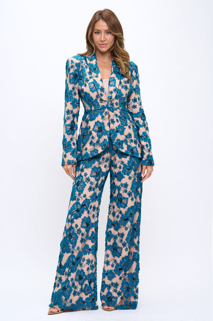 Embroidered floral lace sequin detailed peplum jacket and pants suit set