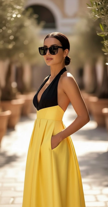 Elegant color block halter taffeta gown with pockets