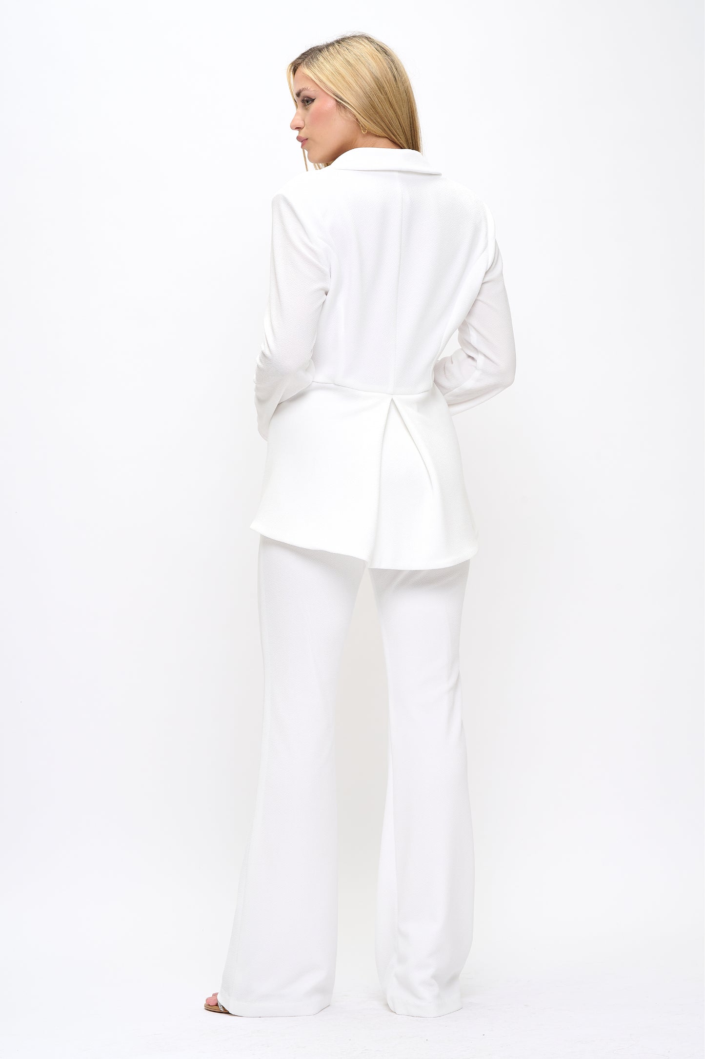 Textured crepe flare jacket and high waisted pants suit