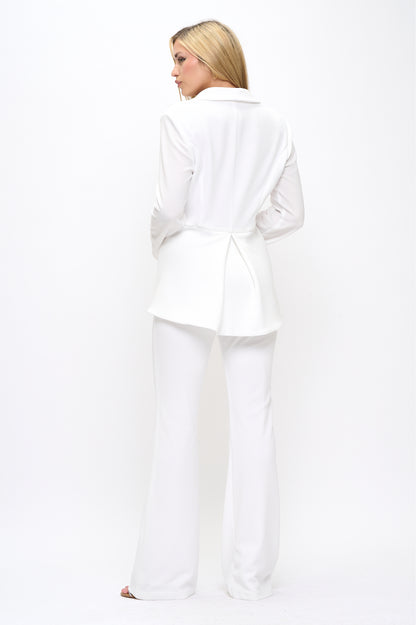 Textured crepe flare jacket and high waisted pants suit