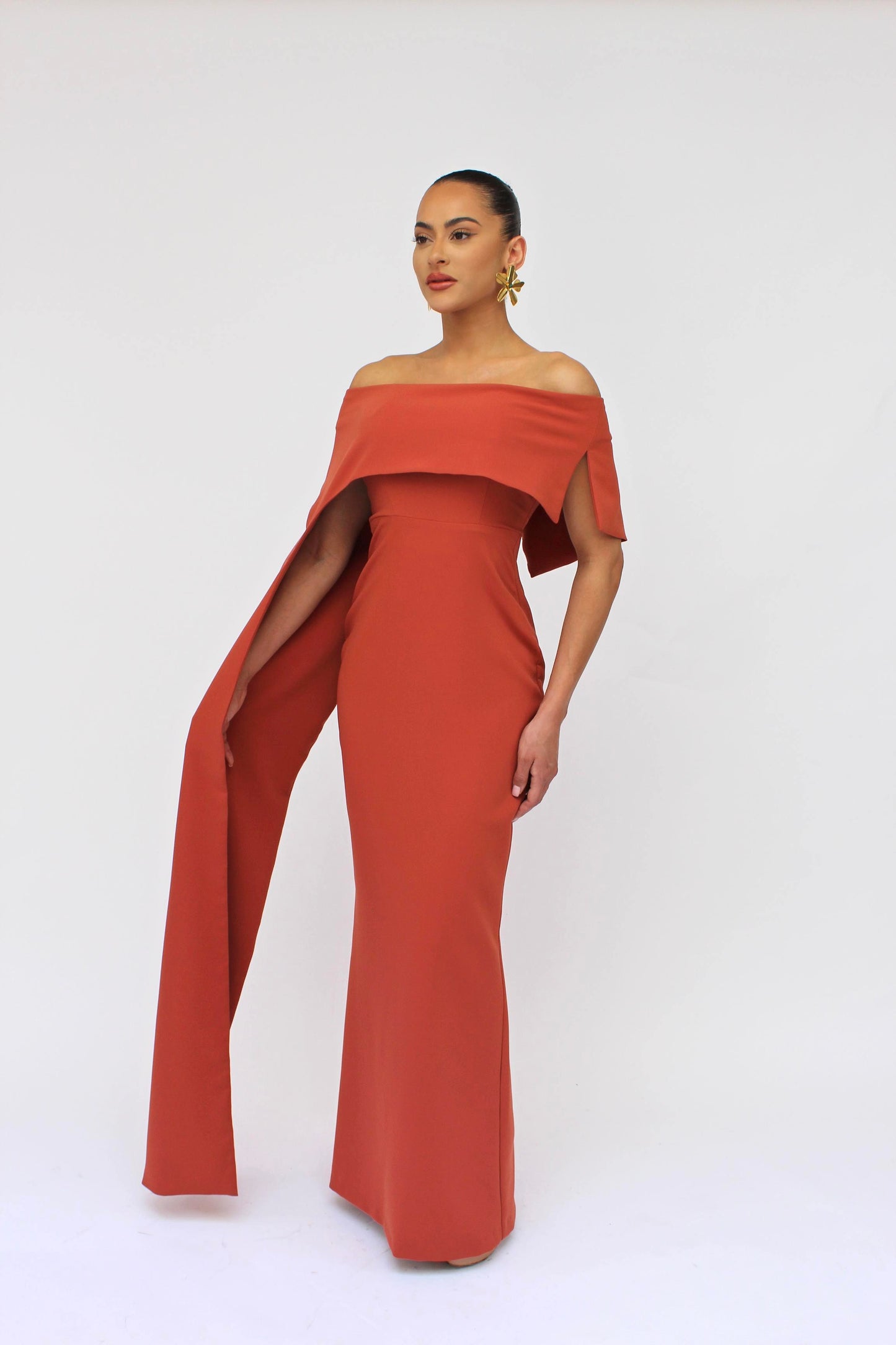 Dramatic elegance off shoulder draped split sleeve dress