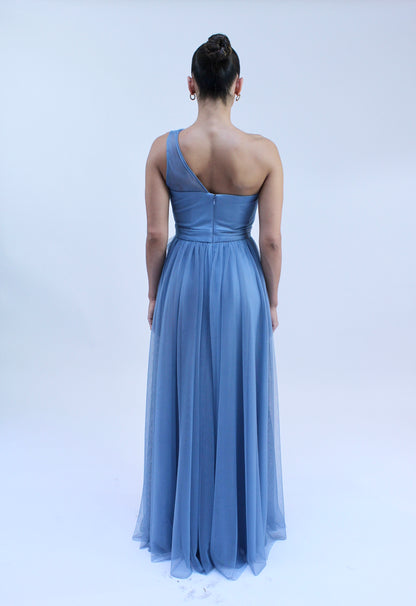 Special embrace one shoulder ruffle tulle slit gown