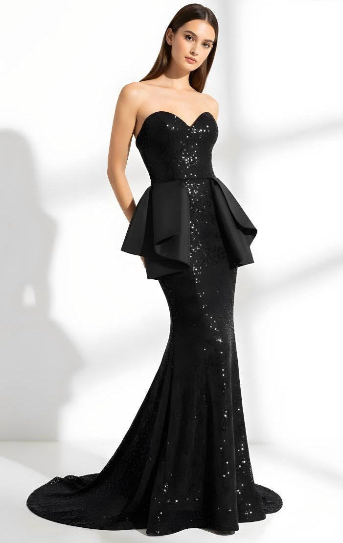 Strapless sequin and lace sweetheart bustier with taffeta peplum bow back mermaid gown