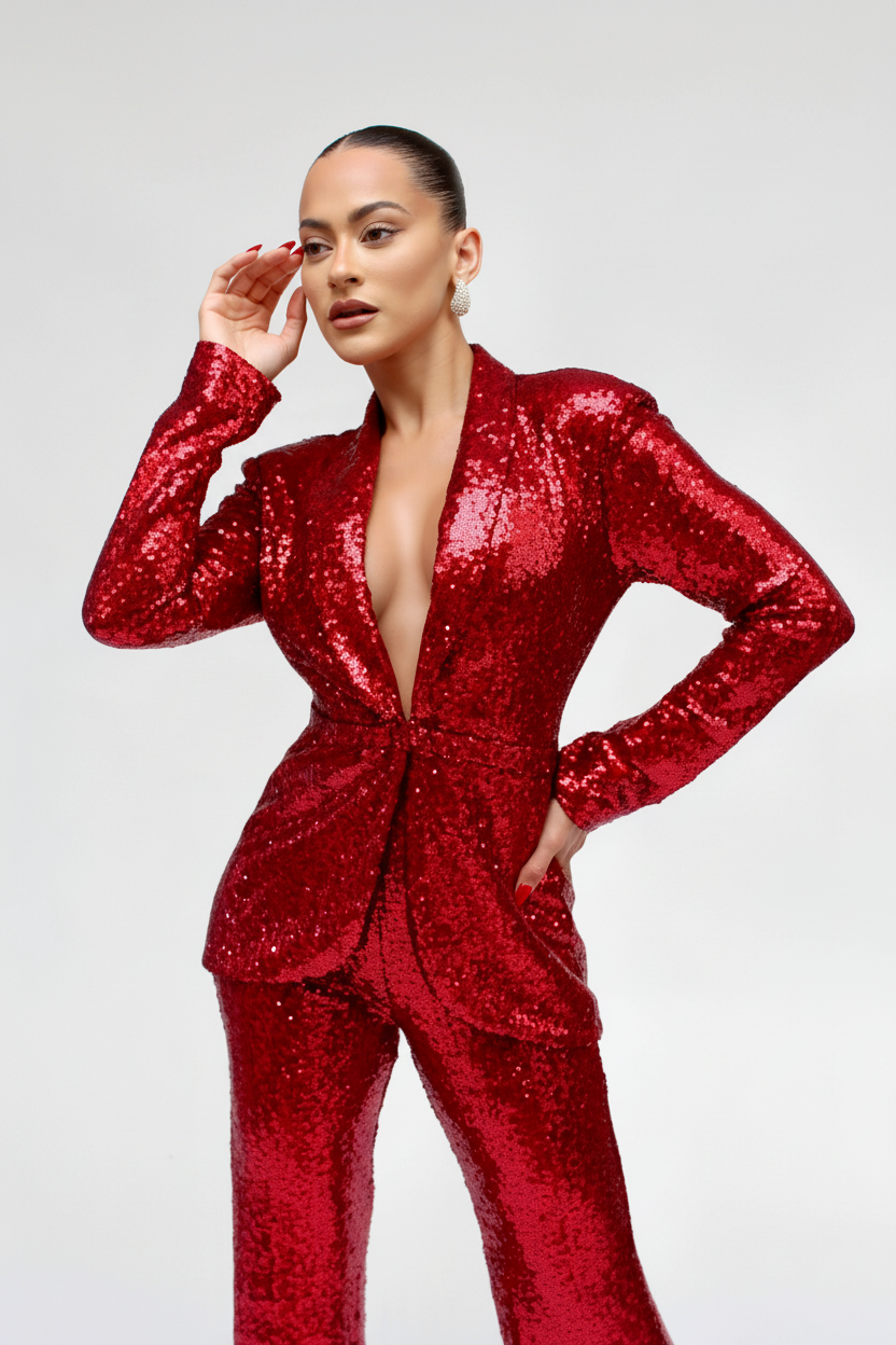 Bold Duet solid sequin jacket and pants suit set