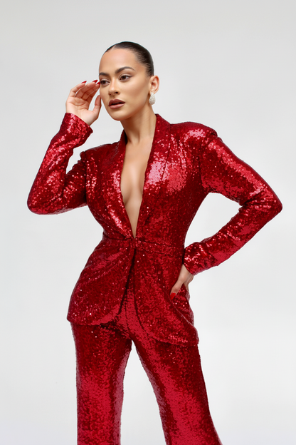 Bold Duet solid sequin jacket and pants suit set
