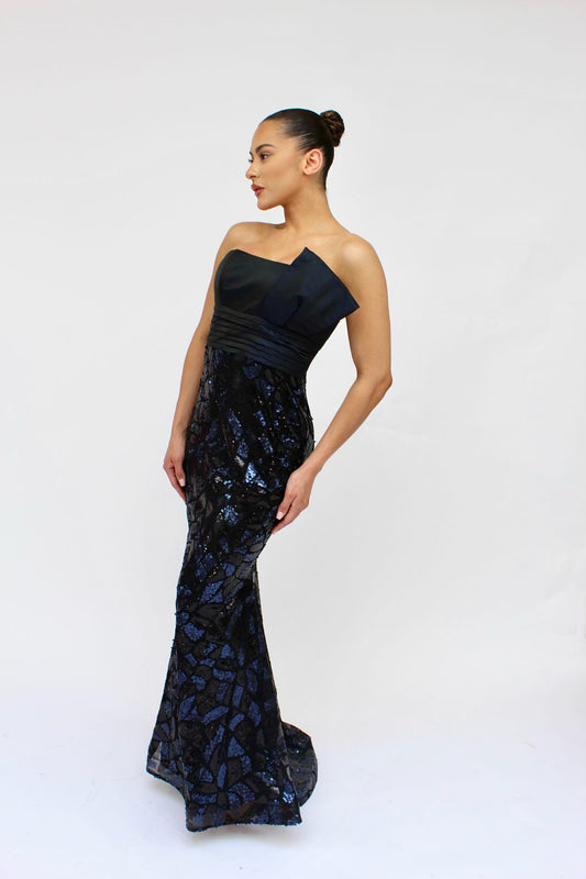 *Pre-Order strapless black and blue sequin mermaid gown