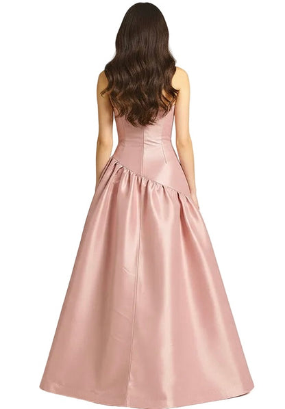 Strapless taffeta asymmetrical back detail gown