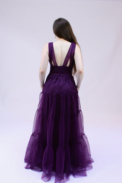 Bliss plunging V cut-out back tulle tiered gown