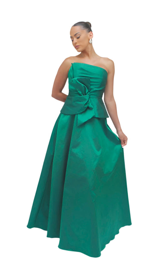 Gia strapless bow taffeta peplum gown