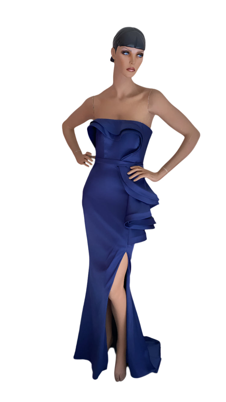 Strapless cascading drape gown