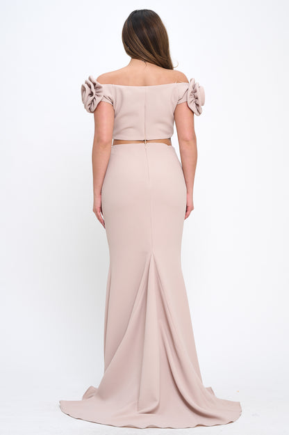 Rose detail off shoulder crop top and maxi skirt set