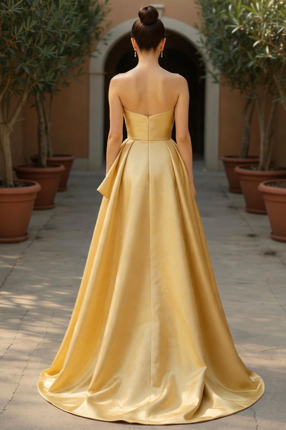 Strapless sweetheart taffeta gown with side bow and over skirt