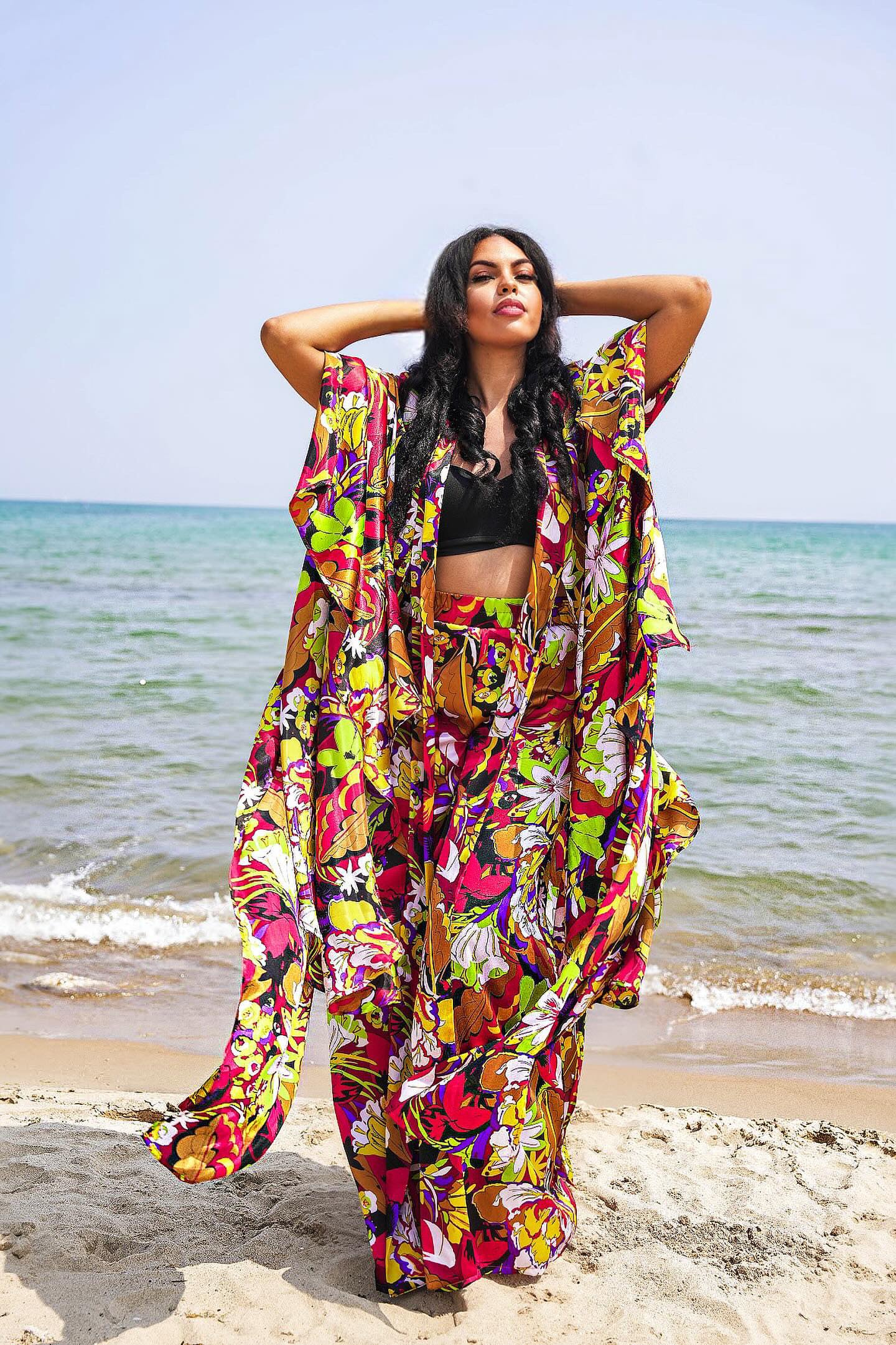 Cara tropical flower print kimono satin cape top with matching high waisted pants set