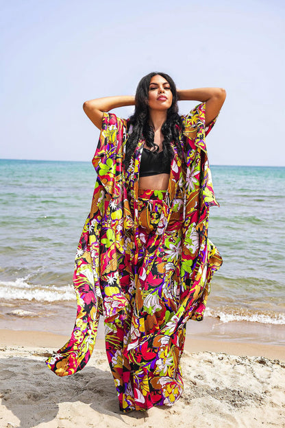 Cara tropical flower print kimono satin cape top with matching high waisted pants set