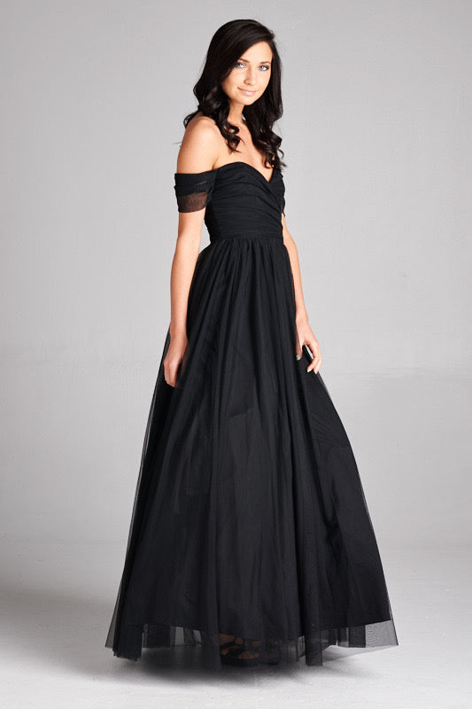 off shoulder midnight tulle prom dress Elegant Navy Tulle Off-shoulder Evening Gown