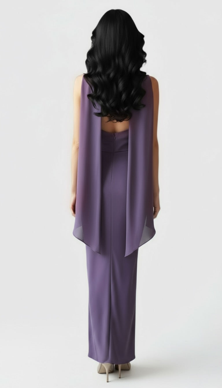 Strapless satin crepe corset gathered tulip hem maxi dress and matching scarf